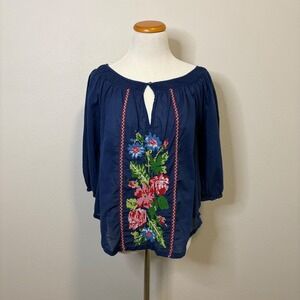 Abercrombie & Fitch Embroidered Peasant Blouse Keyhole Top Blue -‎ Small